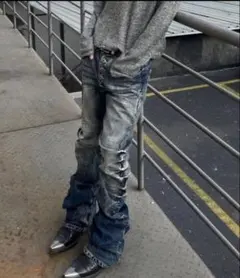 ダメージ加工ブーツカット ヴィンテージ デニム y2kギャザー