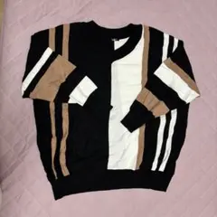 【美品】配色ストライプ ニット 長袖 ブラック×ベージュ