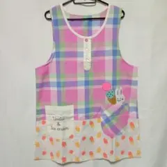 保育士エプロン！カラフルチェックエプロン ウサギとアイスクリームM〜L