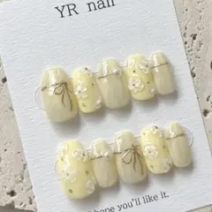 No.160 ぷっくりフラワー　バターイエロー　リボン　春ネイル　ガーリー　黄色