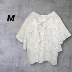 レディース 半袖トップス【M】アイボリー ジャガード ブラウス シアー リボン