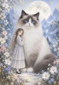 銀月の守護猫と少女｜蒼き花園の幻想 L判アート イラスト