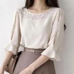 プロポーションボディドレッシング【2】レース切替ブラウス 袖スリット フリル袖