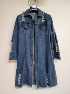 【レアで美品】ダメージ加工 デニム ロングジャケット コート風 M～Lサイズ