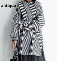 antiqua アンティカ ストライプ 切り替えプルオーバー長袖 シャツ 白 黒