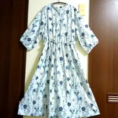 新品　3XL　ロングワンピ　鹿　ボタニカル　スタンドフリルカラー　ウエストベルト