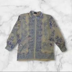 長袖花柄シャツ 青とベージュのサムネイル
