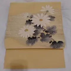 綴れ　菊柄　開き仕立て名古屋帯　淡黄色〜玉蜀黍色　銀糸金糸