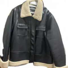 anyonemore ボア襟付き黒レザーコート ムートンジャケット