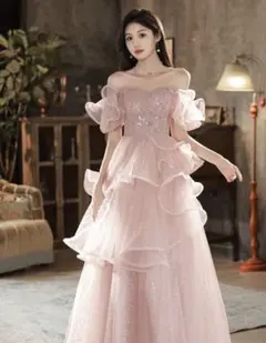 パーティードレス ピンク フリル ロングドレス 結婚式 二次会 前撮り