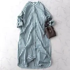 美品 アーバンリサーチドアーズ ストライプ 洗える シャツワンピース 白×緑