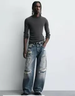 ZARA ダメージ加工バルーンフィットデニムパンツ