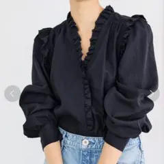 IENA ブラウス フリル Vネック コットン100% ネイビー 36