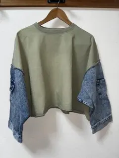 カーキ デニムスリーブ 長袖トップス