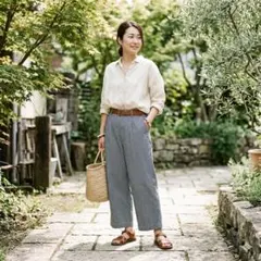 【美品】45R ヒッコリーストライプ Vスリット　ワイドパンツ 　サイズ1のサムネイル