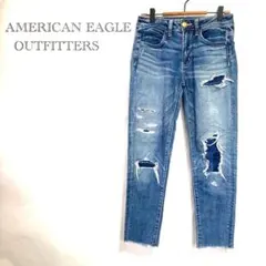 【アメリカンイーグル】 スキニーデニム XS ブルー ダメージ加工 ストレッチ