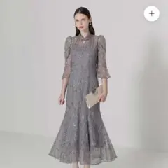 [Leja] スパンコール花柄パフスリーブマーメイドワンピースドレス Sサイズ