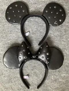 ディズニー　カチューシャ　ミッキー　ミニー　スタッズ　黒　レザー　ペア　セット