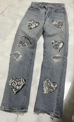 ハート型レースパッチワーク リメイクデニム
