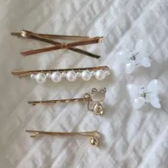 猫モチーフとパール付きヘアピンセット 6点