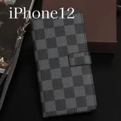 【iPhone12】手帳型 iPhoneケース チェック柄 ブラック 黒
