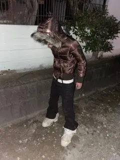 old uniqloファー付き　ダウンジャケット　光沢　Y2K お兄系　グランジ