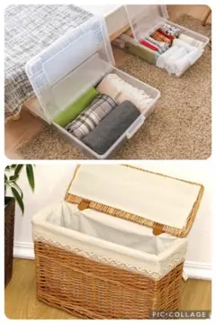 ニトリ キャスター付きベッド下収納ケース２個、レース内布付きカゴ収納バスケット