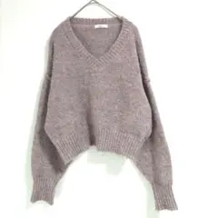 〈アースミュージック＆エコロジー〉長袖ニット　ショート丈　Ｖネック　ピンク　F