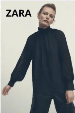 ZARA ハイネック プリーツ ブラウス セミシースルー ブラック M パフ袖