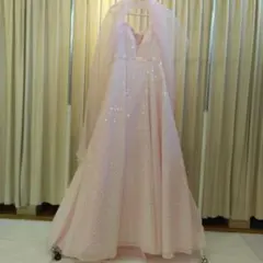 パステルピンク　ドレス　小花飾り　スパンコール付き