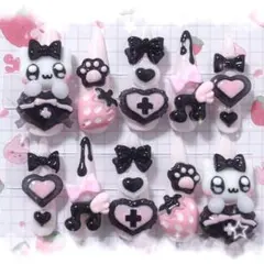 ♡ネイルチップ♡ 量産型 地雷系 平成女児 現品 ピンク×黒 25 いちご ねこ