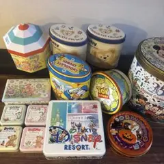 ディズニー空き缶セット ダッフィー ドナルドお菓子缶13個まとめ売り オマケ付きのサムネイル