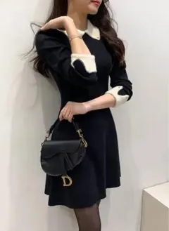 DHOLICファー付き襟 ブラックニットワンピース