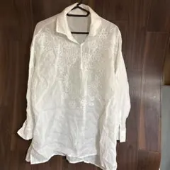 ホワイト麻刺繍長袖シャツ