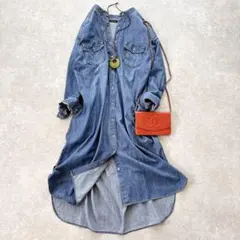 美品 アーバンリサーチ バンドカラー デニム シャツワンピース ロング ブルー