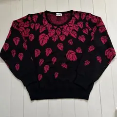 葉模様 長袖ニットセーター 昭和レトロ