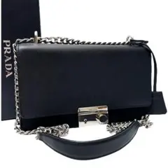 美品 プラダ サフィアーノ レザー ナイロン チェーン ショルダー バッグ.