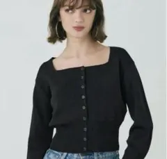 coca ブラック スクエアネック ハイゲージニットカーディガン M