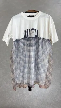 kutir チュール切り替え 半袖Tシャツ ホワイト チェック柄のサムネイル