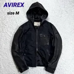 アヴィレックス　フーデッド　切替　レザージャケット　パーカー　ロゴ刺繍　ブラック
