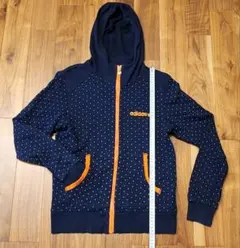 アディダスレディーススウェットパーカー S ネイビー オレンジドットフード付き