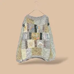 USA古着パッチワーク刺繍ニットセーターアート花柄冬景色個性派レトロビンテージM