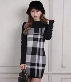 LIP SERVICE　アクセントチェックジャガードワンピース