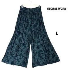 GLOBAL WORK 花柄プリーツ フレアワイドパンツ L ウエストゴム 美品