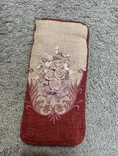 バラ刺繍 メガネケース レッド