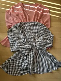 フレアチュニック2点セット　色違い　黒白チェック　ピンク　ウエスト袖ゴム