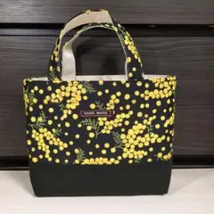 ハンドメイド、ミニトートバッグ ミモザ舞う（ブラック）