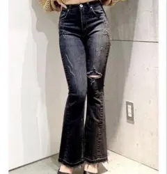 GYDA ハイウエスト フレアダメージ加工デニムパンツ