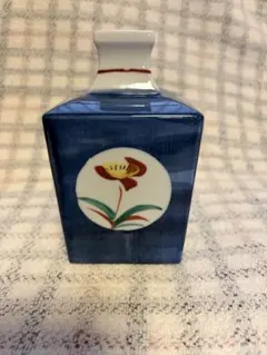 とべ客山　青い陶器の花瓶 花柄 幾何学模様