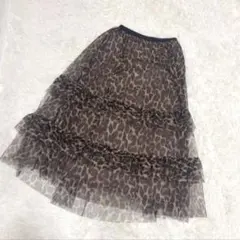 【ノヘア】Nohea茶レオパードチュールスカートM春秋きれいめウエストゴム細見え